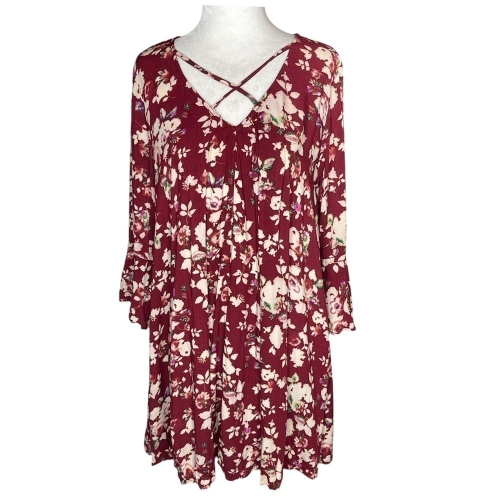 Umgee BOHO Fall Floral Long Sleeve Mini Swing Dress Flare Sleeves size Medium